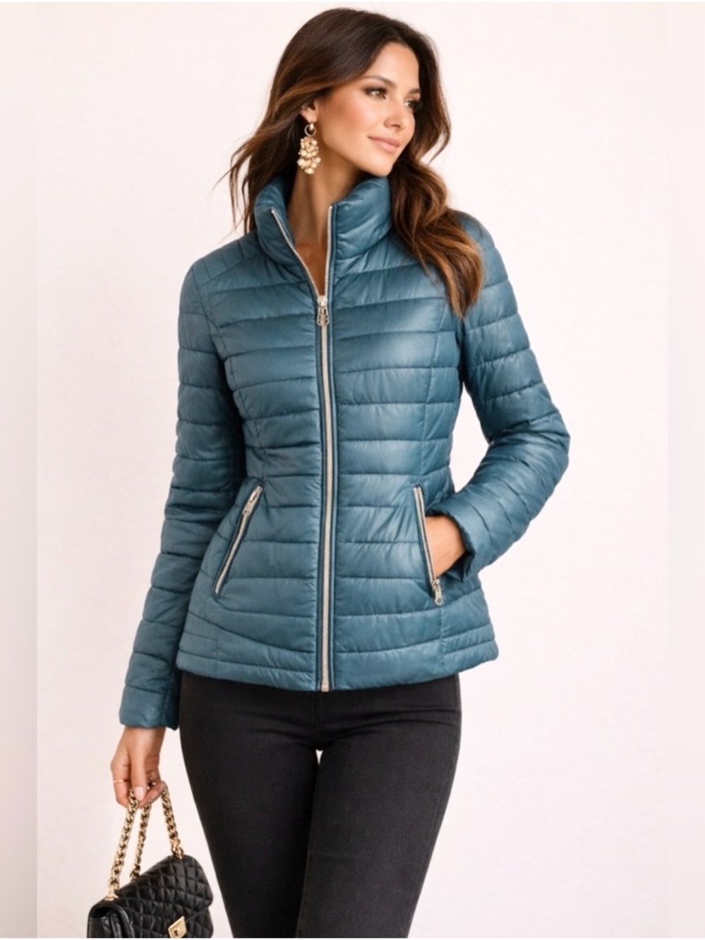Nanette Lepore Quilted Down Puffer Jacket Teal Lightweight Luxe Size S